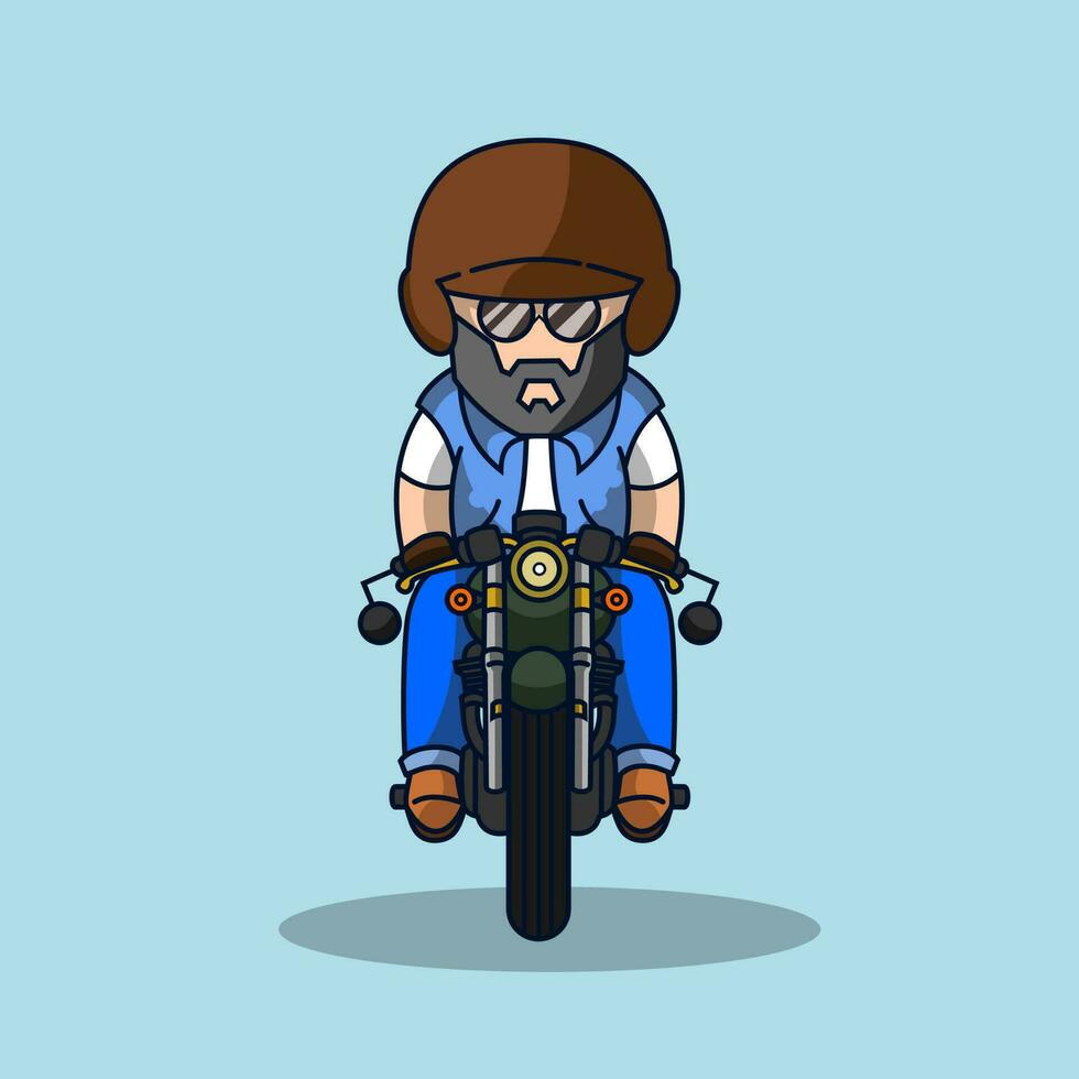 Cute old rider riding a green motorbike vector illustration.