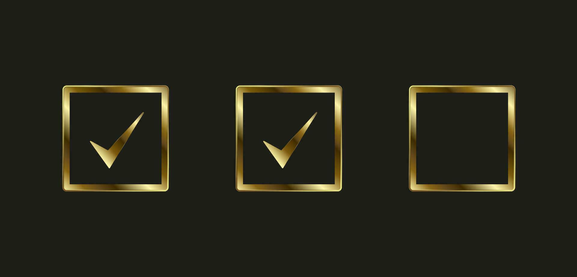 Group of three selection Boxes in Golden Check and selection symbol, icon, mark Vector Illustration