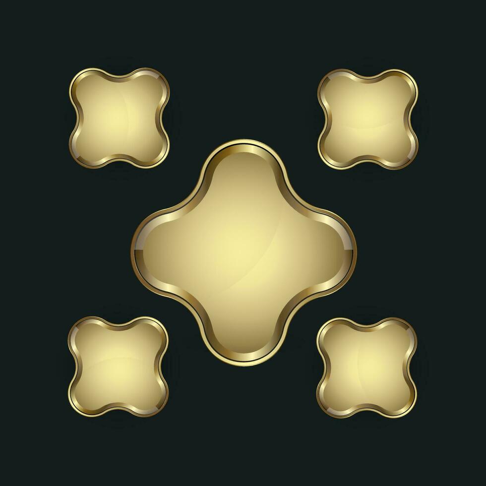 Five golden button design in shape with premium frame vector illustration, golden glossy label for website UI, UX vector design