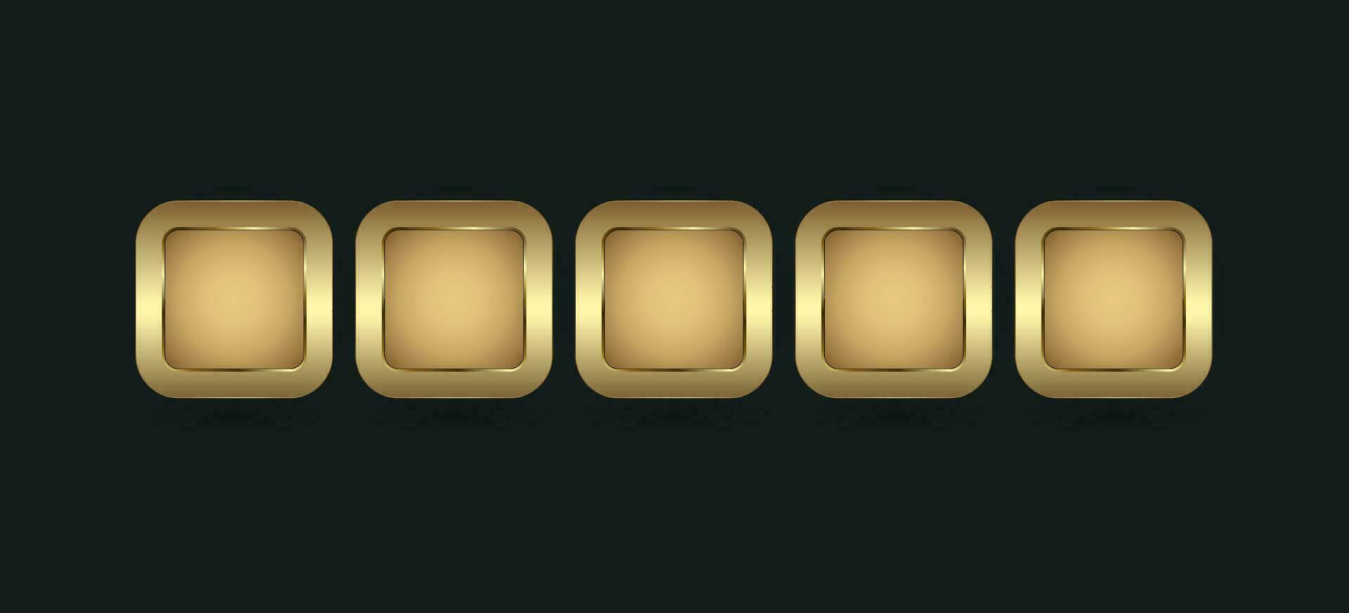 Groups of 5 shapes rectangle in gold and premium blank button for website UX,UI  vector concepts