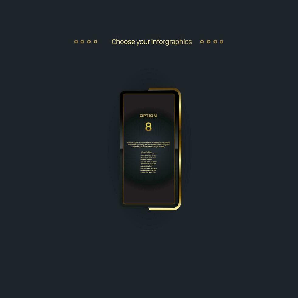 Premium button of option 8, golden button for web, level, AI, game, premium step to present or plan a workflow in a business infographic design vector