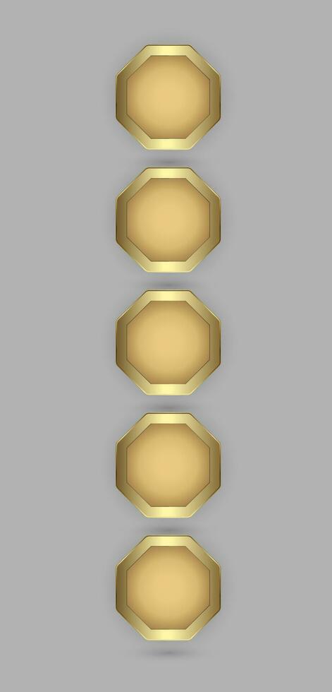 FIVE hexagon buttons in 3d plate shape with golden frame vector illustration designs