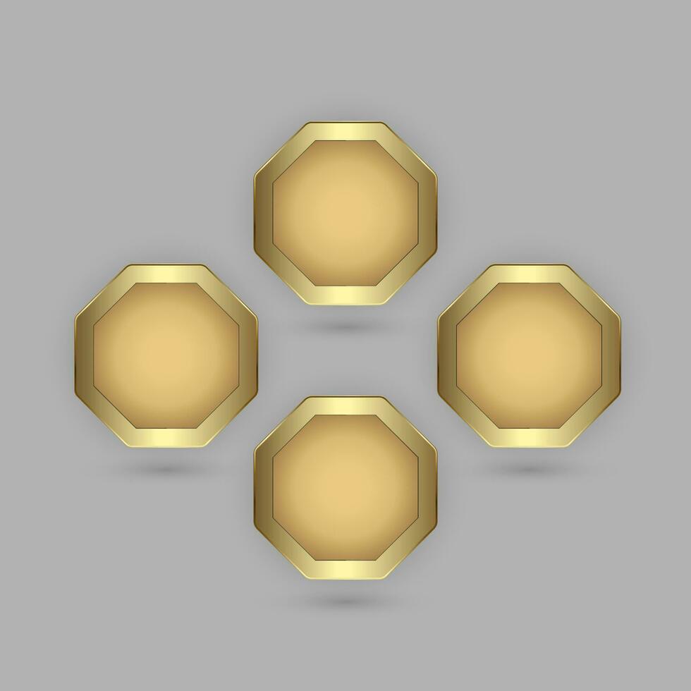 Set of four hexagon buttons in 3d plate shape with golden frame vector illustration
