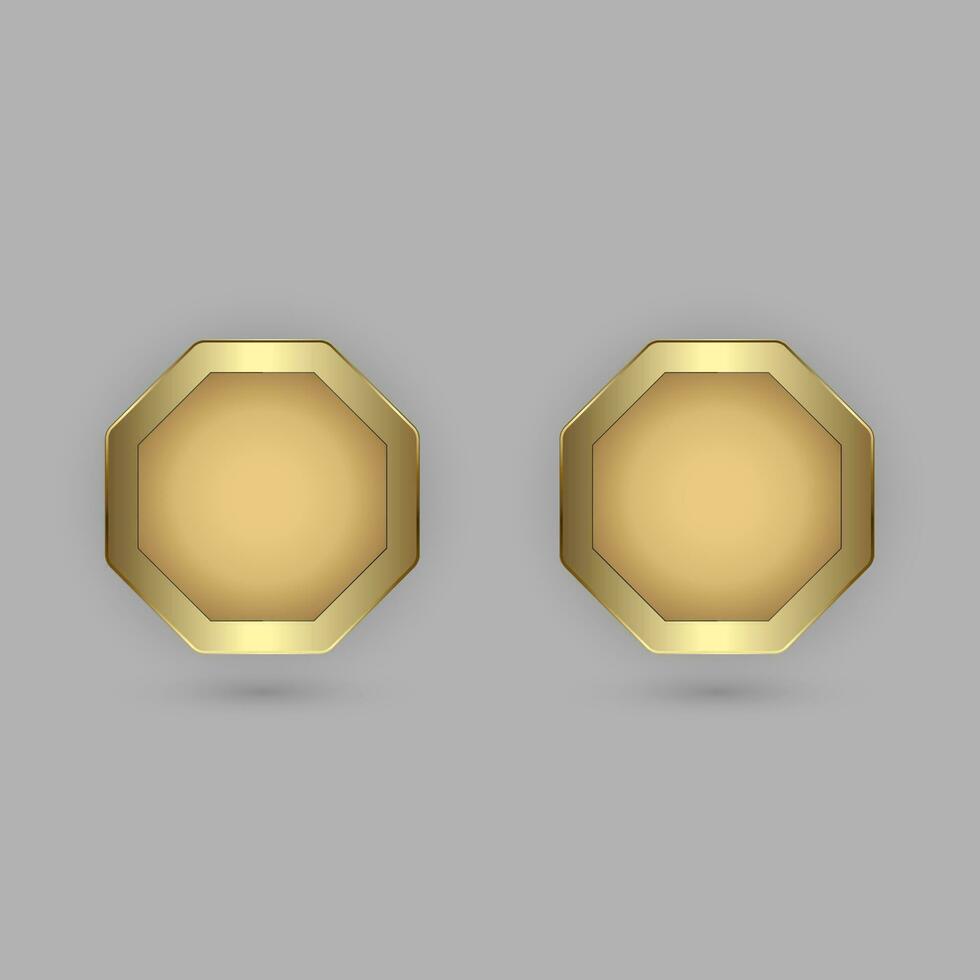 Two hexagon button in 3d plate shape with golden frame vector illustration. modern gold realistic isolated website element