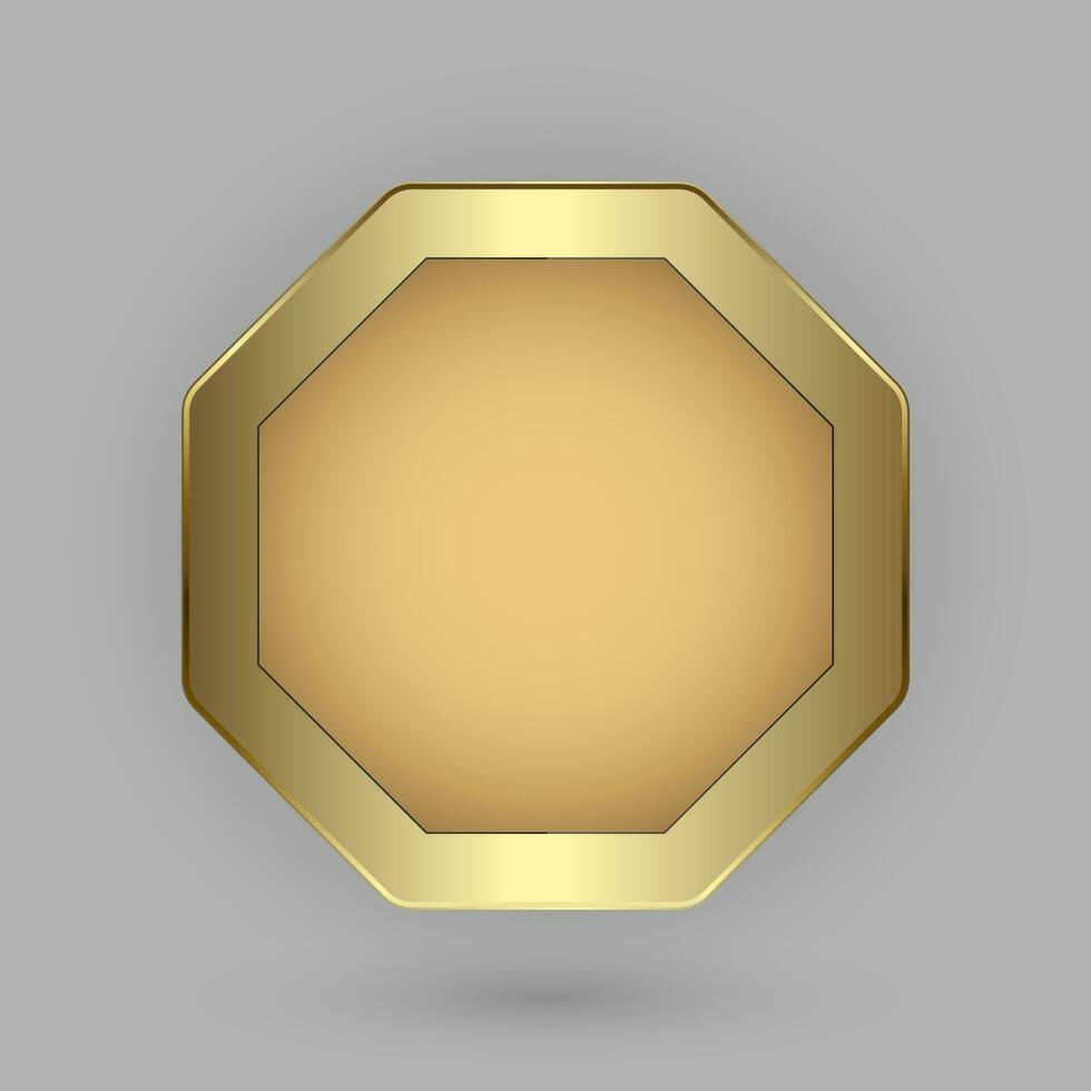 Hexagon button in 3d plate shape with golden frame vector illustration. modern gold realistic isolated website element, and golden glossy label for infographic UI design