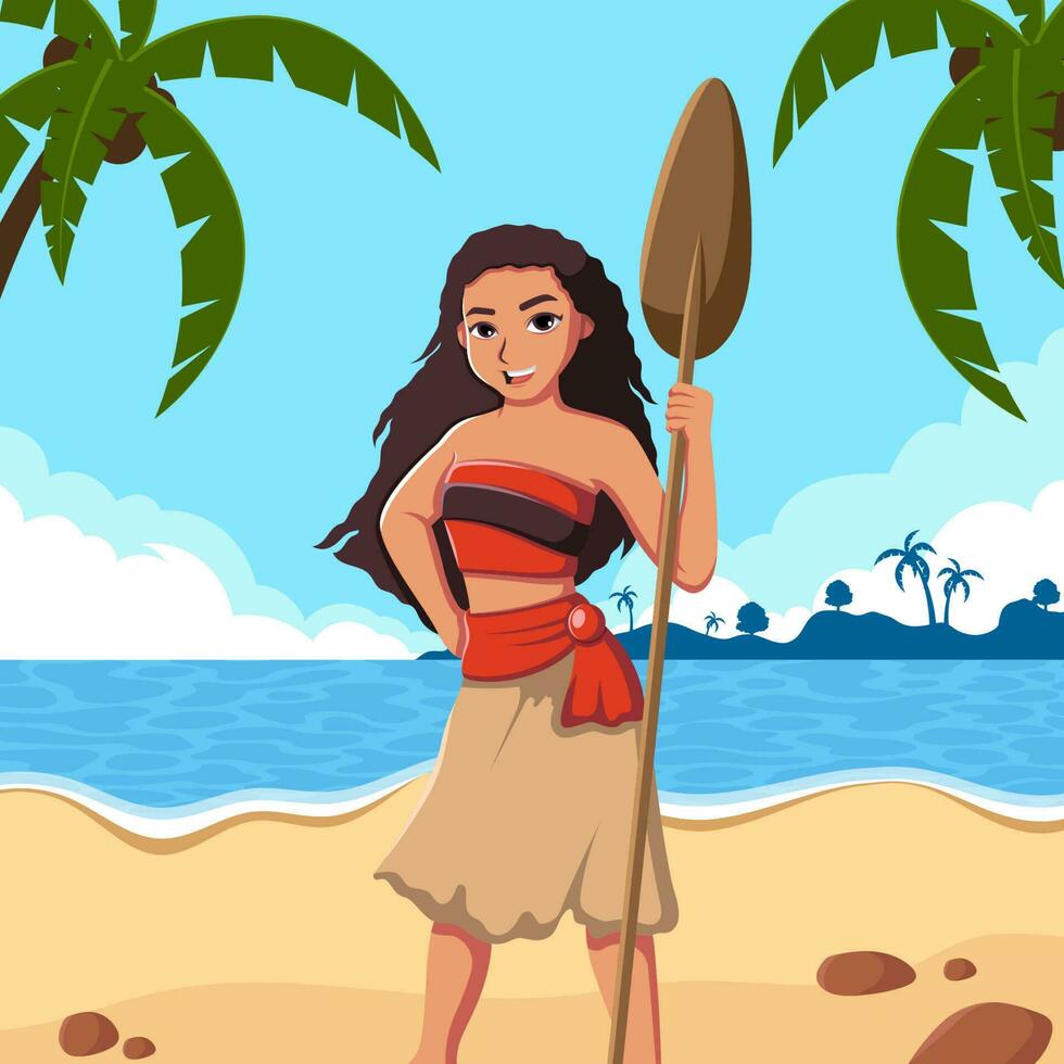 Hawaiian Girl Holding a Paddle on the Beach vector