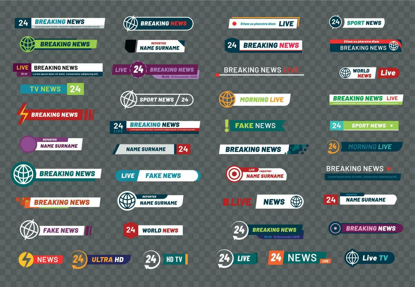 televisión Noticias bar. televisión transmitir medios de comunicación título bandera, fútbol jugador títulos o fútbol americano deporte espectáculo interfaz aislado vector conjunto