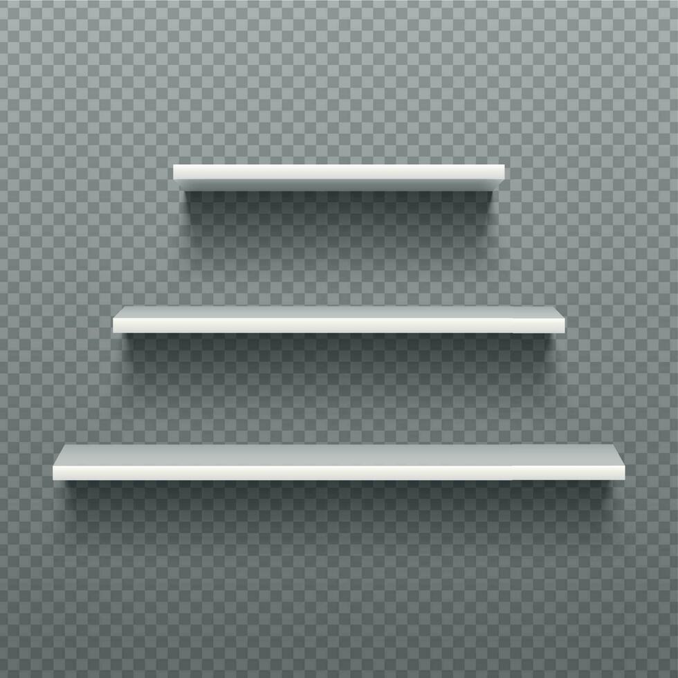 White empty shelves. Blank bookshelves. Simplicity store interior, supermarket showcase. Isolated vector illustration