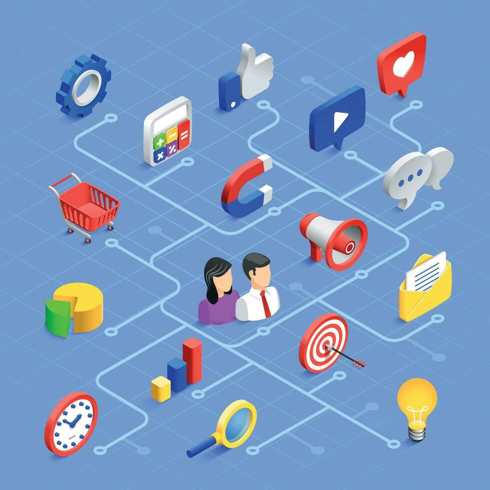 social medios de comunicación isométrica iconos digital márketing comunicación, multimedia contenido o información intercambio. vector 3d icono conjunto