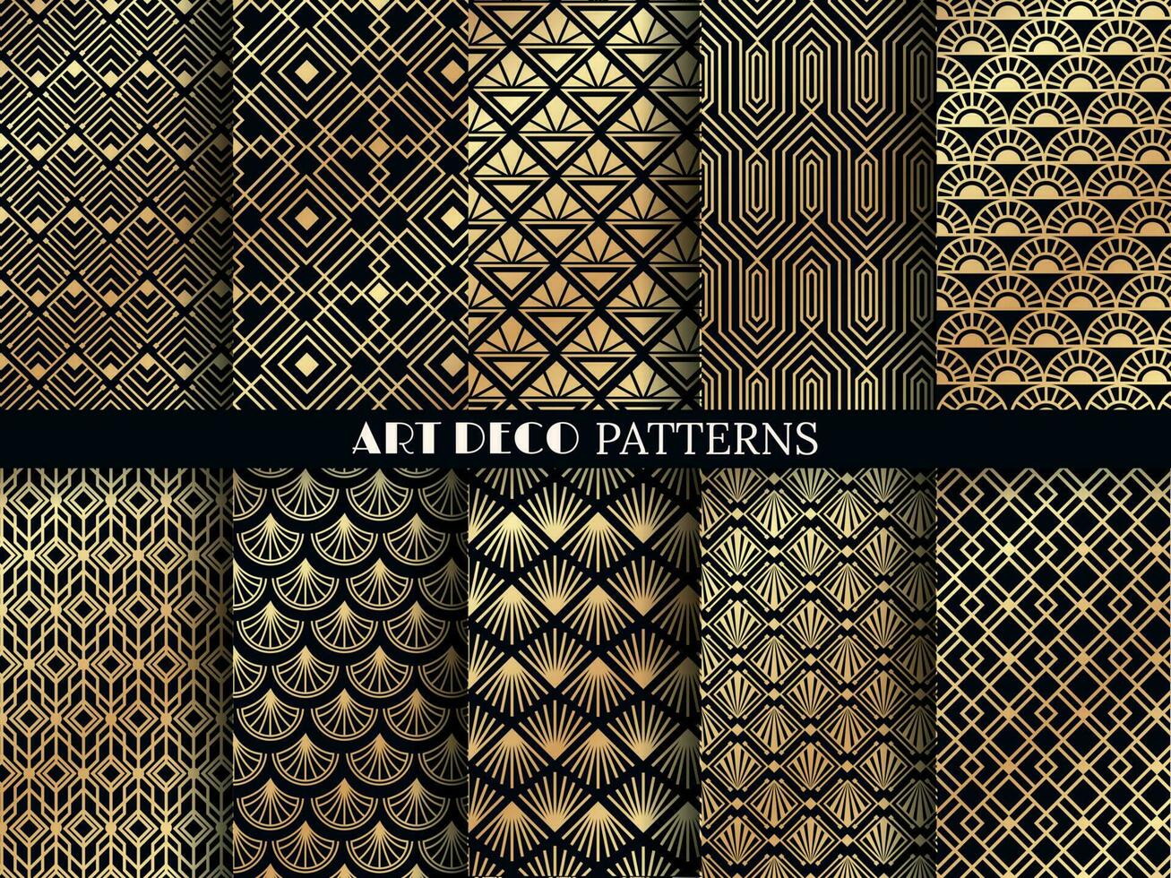 Art deco pattern. Golden minimalism lines, vintage geometric arts and deco line ornate seamless patterns vector set