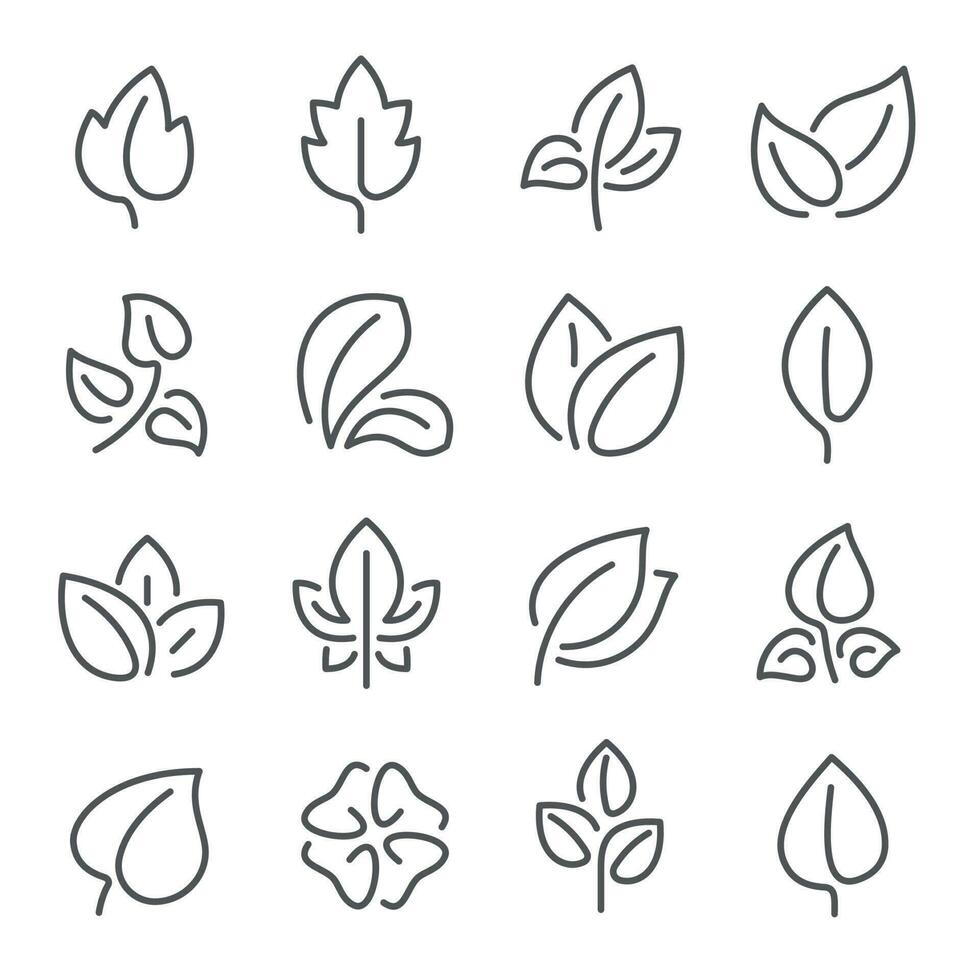 Natural leaf line icons. Young leaves of plants, forest tree leafs and eco greens fertilizer vector outline pictogram symbol set