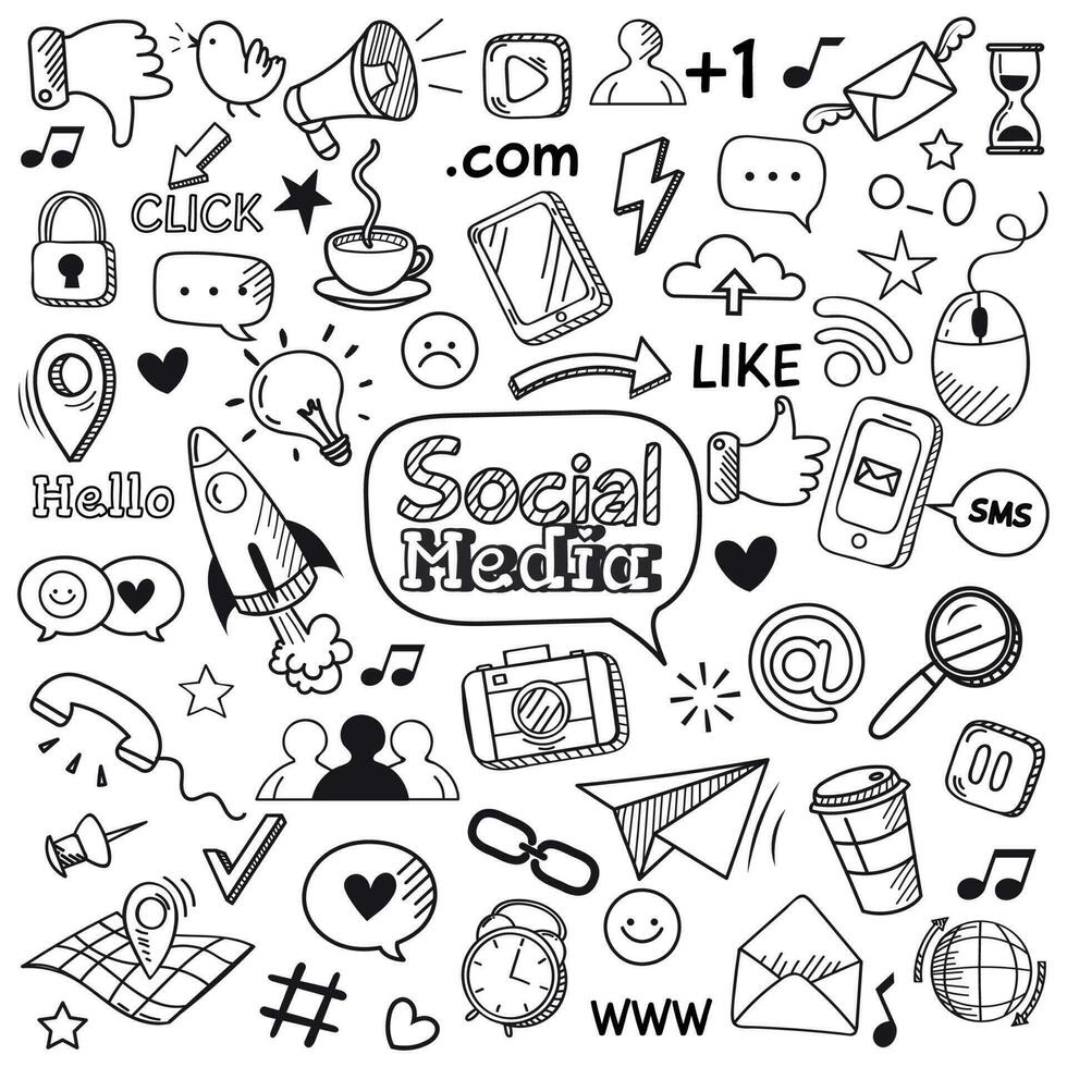 Social media doodle. Internet website doodles, social network communication and online web hand drawn vector icons set