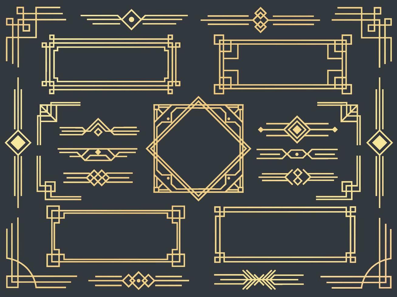 Art deco line border. Modern arabic gold frames, decorative lines borders and geometric golden label frame vector design elements