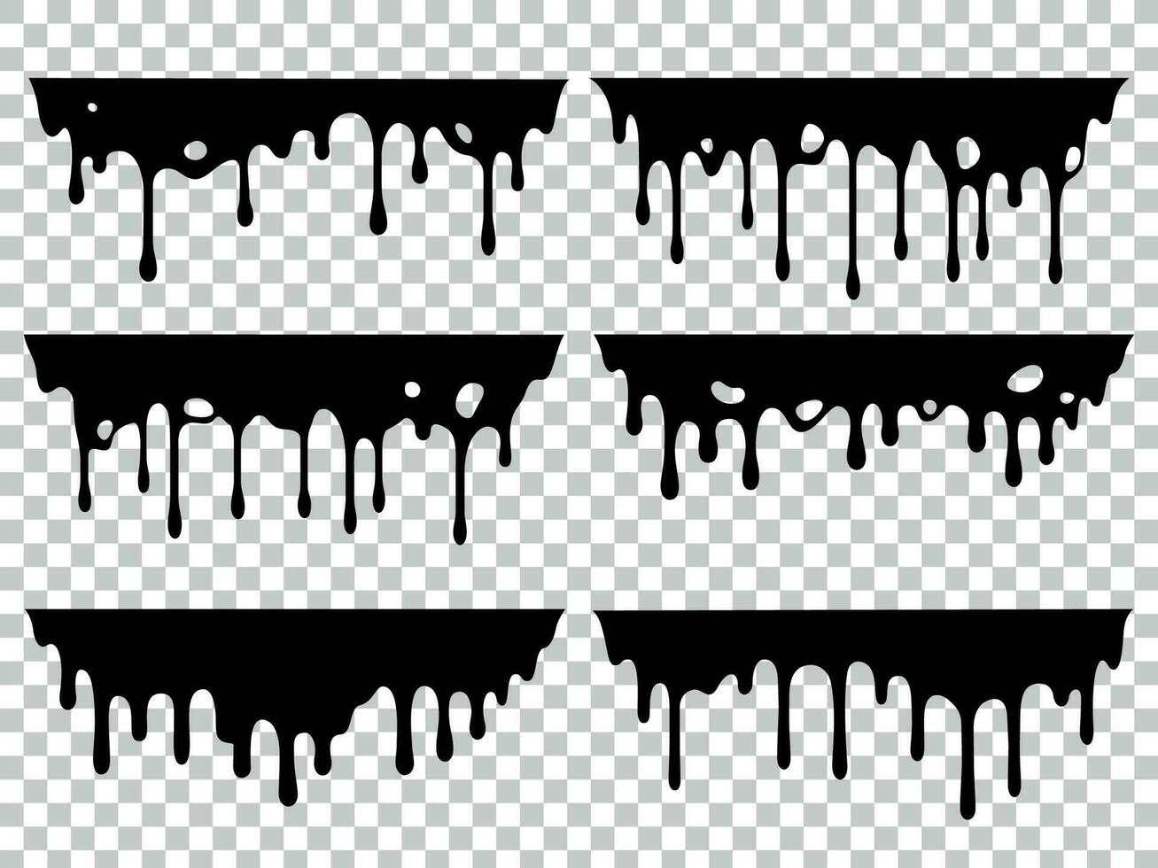 Dripping oil stain. Liquid ink, paint drip and drop of drippings stains. Black resin inked drops isolated vector silhouette set