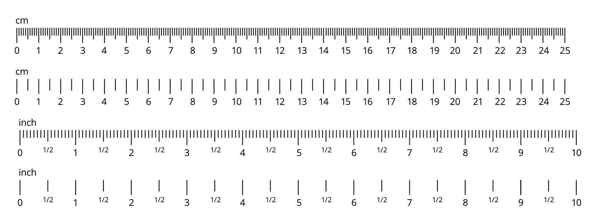 Inch and metric rulers. Centimeters and inches measuring scale. Precision measurement of ruler tools. Vector isolated set