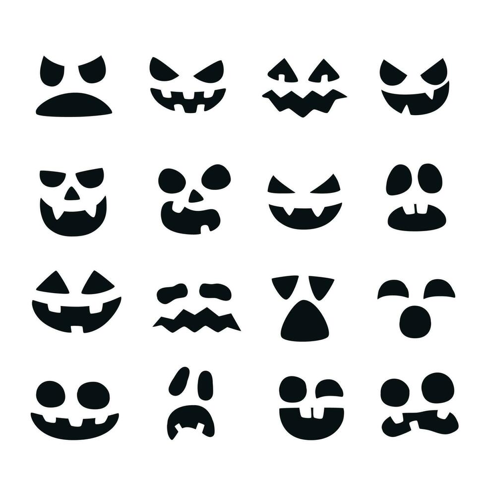 Pumpkin faces. Halloween evil devil face. Scary smile mouth, spooky nose and pumpkins eyes vector illustration set