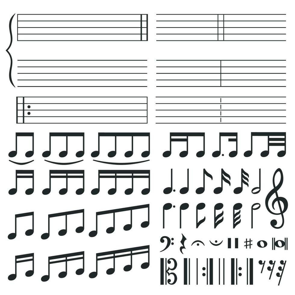 Music notes. Musical melody notation, note tone and treble clef swirl shape. Notes icons vector set