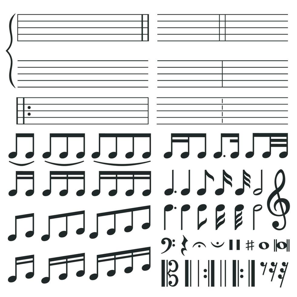 música notas musical melodía notación, Nota tono y triplicar clave remolino forma. notas íconos vector conjunto