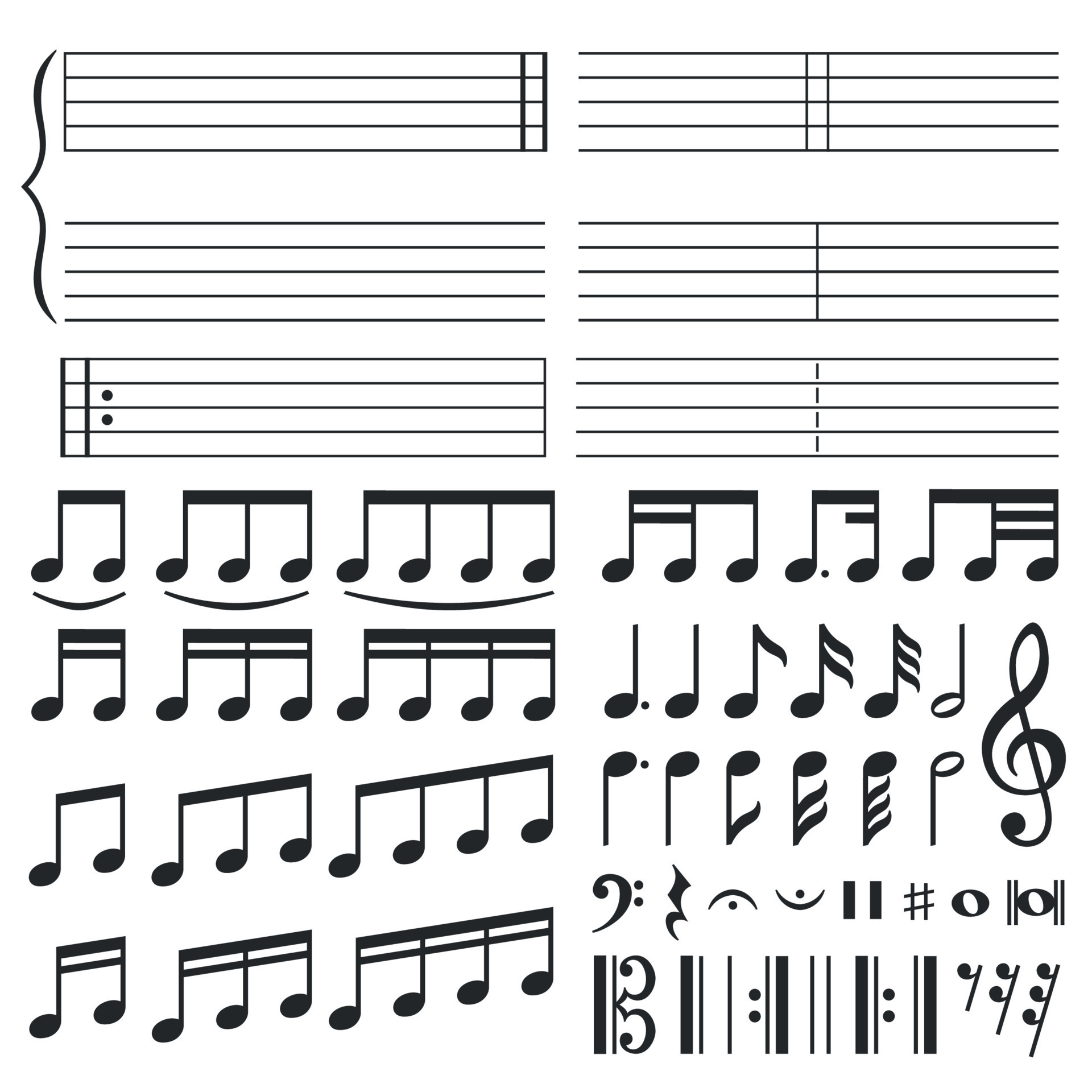 Music notes. Musical melody notation, note tone and treble clef swirl