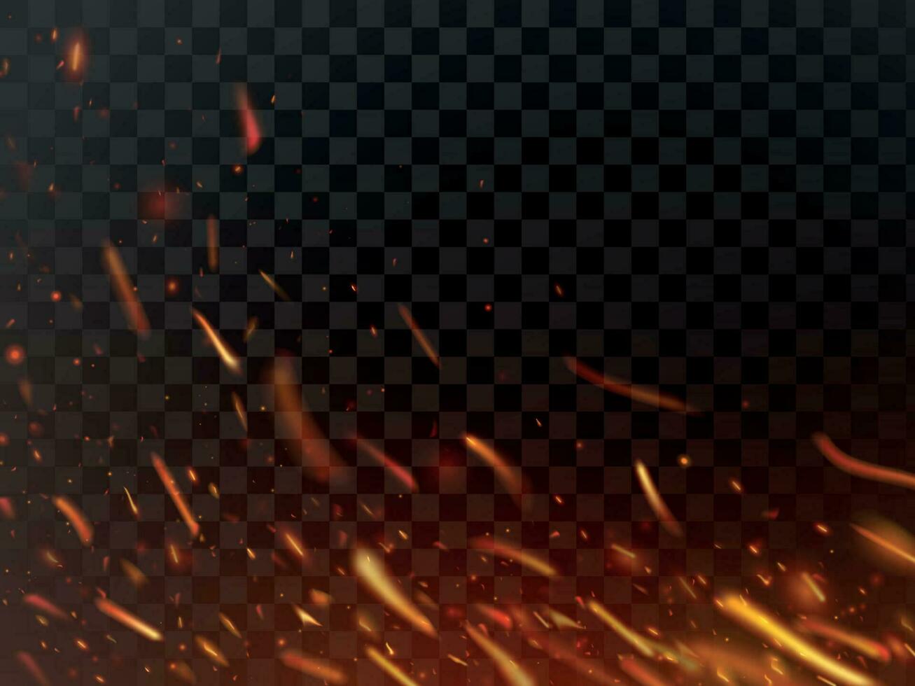 Close-up hot fiery sparkles and flame particles isolated. Inferno fire sparks and flaming flakes dark vector background