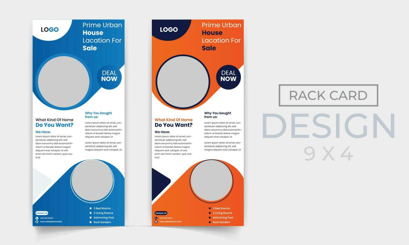 Modern horizontal rack card design template for corporate business, real estate, agency, home sale, explainer card vector