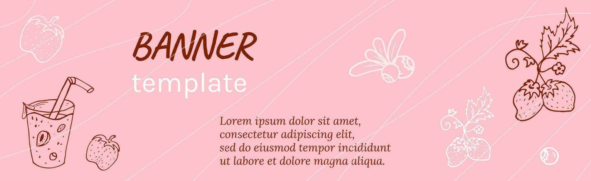 Organic banner template with berries. Pink Vector background cocktail, strawberries, blueberries.