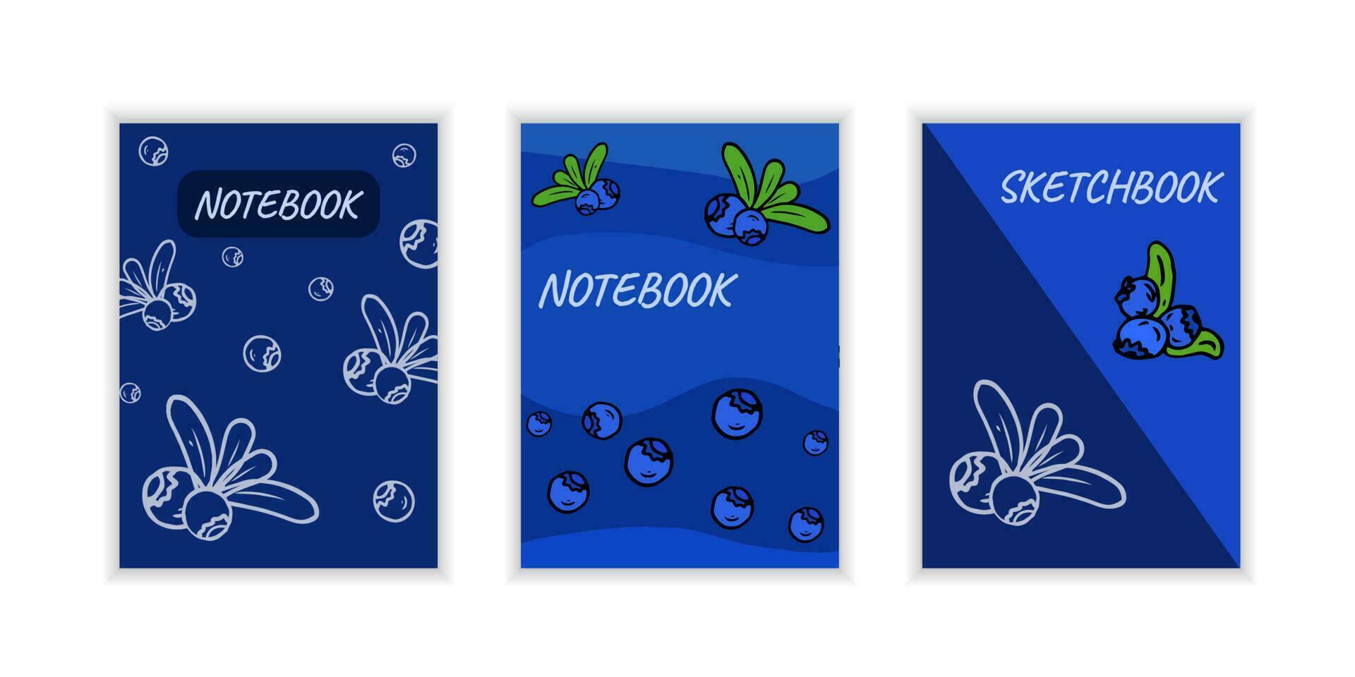 Cover page templates with berries. Blue layouts with blueberry. Doodle and line Vector illustration.