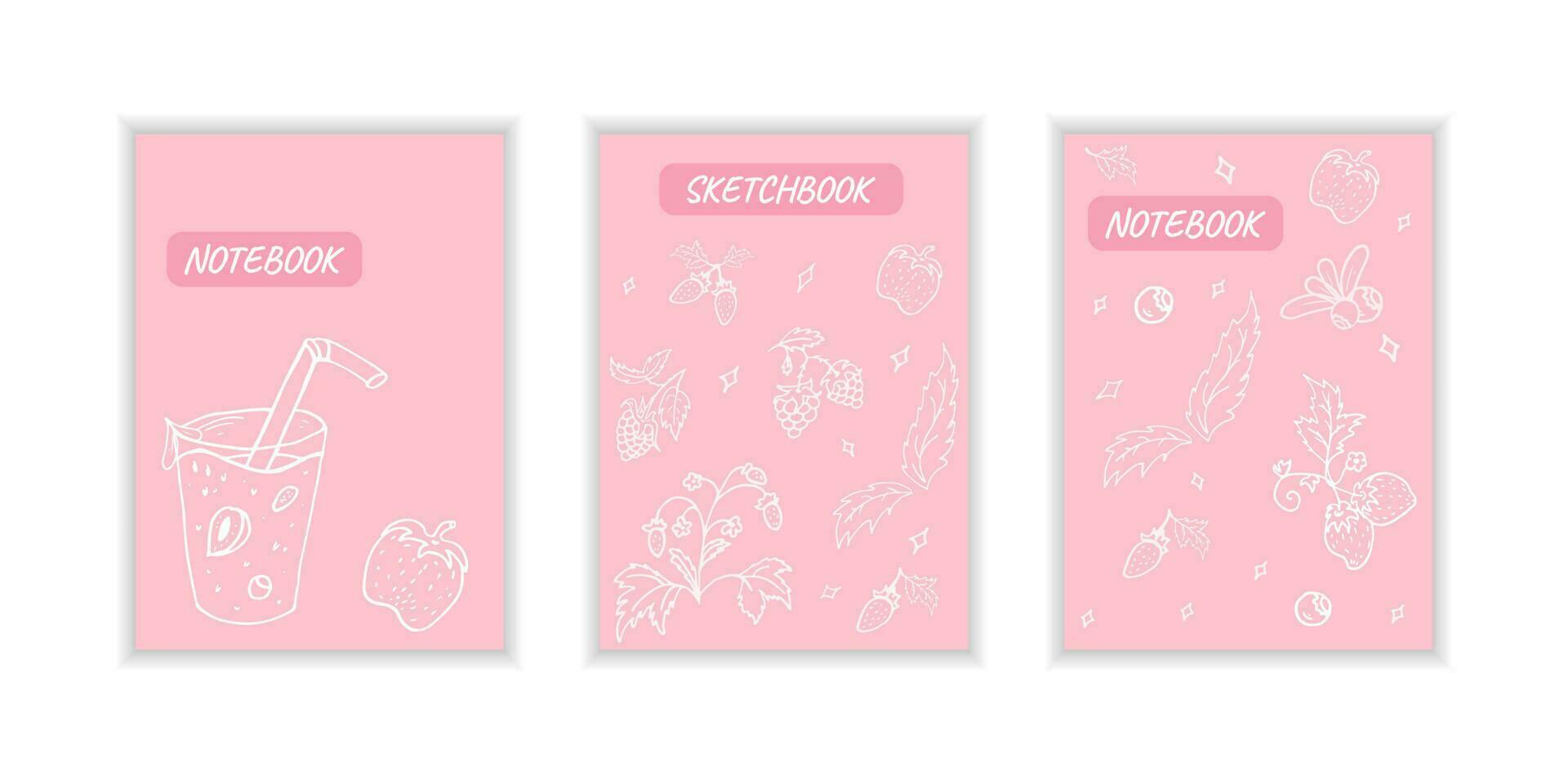 Cover page templates with berries. Pink layouts with strawberries. Doodle style Vector illustration.