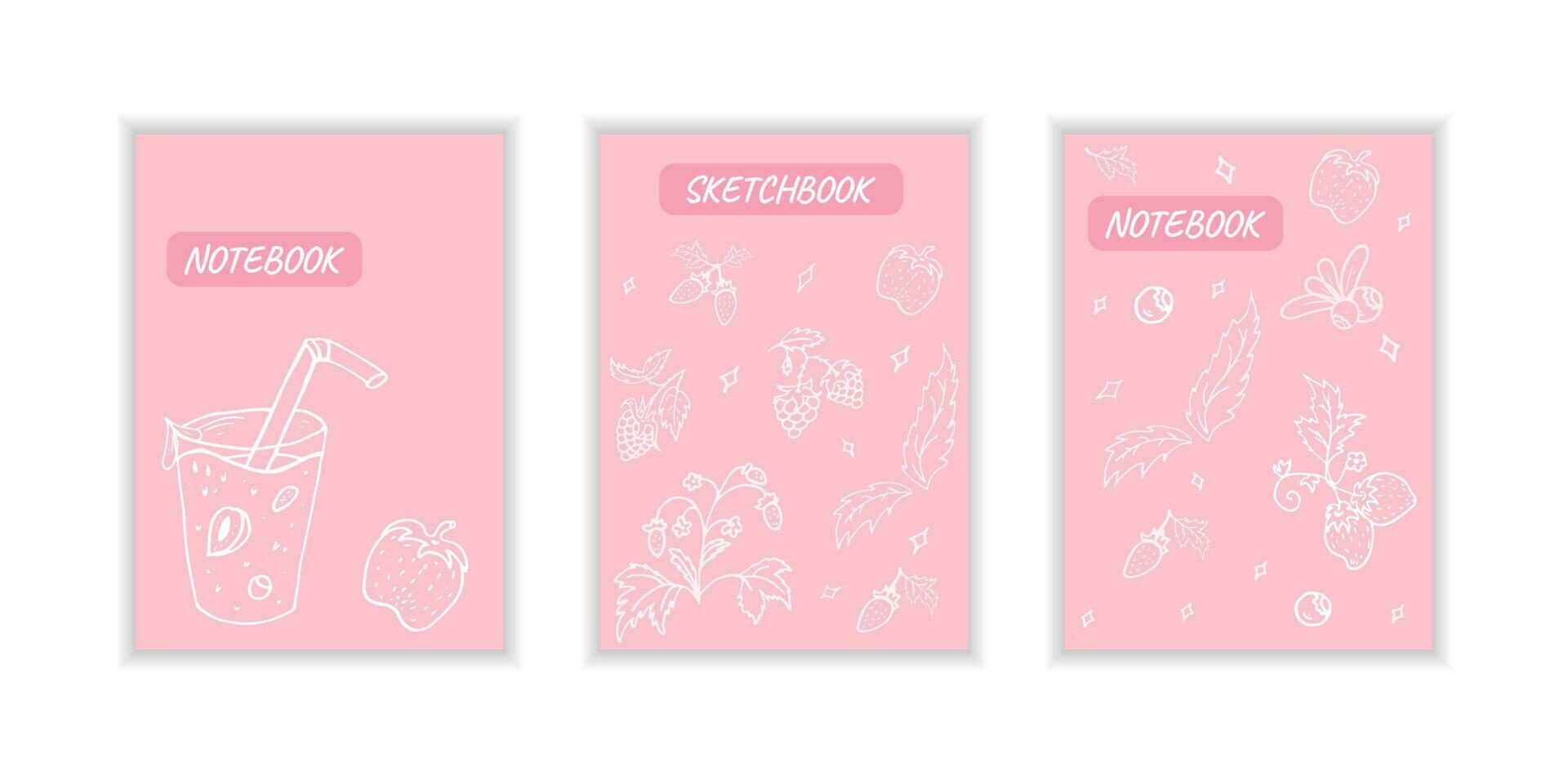 Cover page templates with berries. Pink layouts with strawberries. Doodle style Vector illustration.