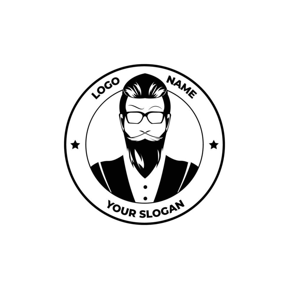 Barbershop logo vector. Simple and minimalist logo with an illustration of a man with a beard and glasses. Vector illustration design. Elegant logo. Isolated on white