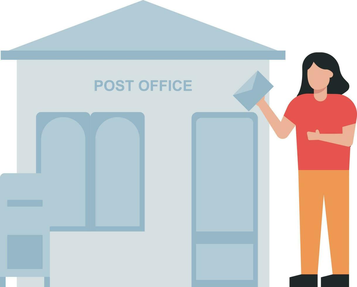 The girl is standing outside the post office with a letter in her hand. vector