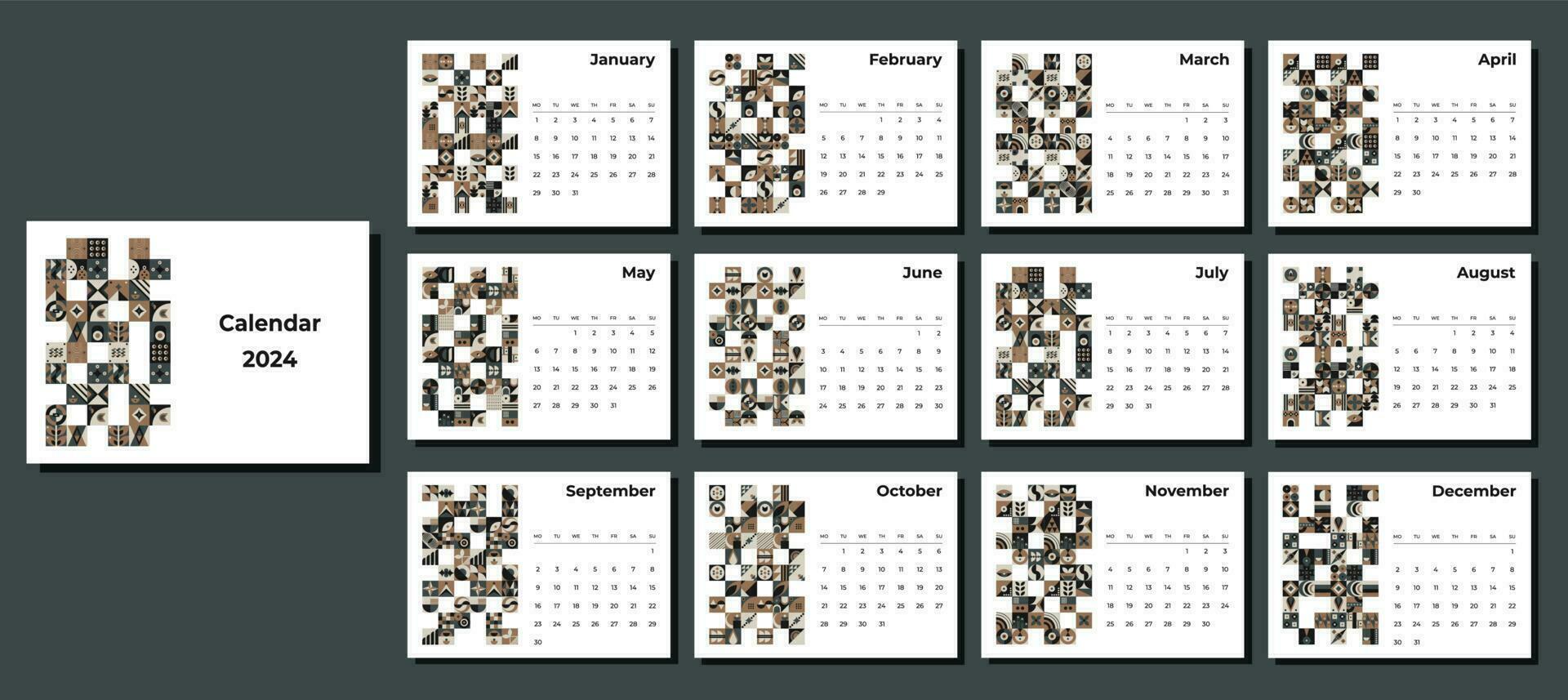 Calendar 2024 geometric patterns. Monthly calendar template for 2024 year with geometric shapes. vector