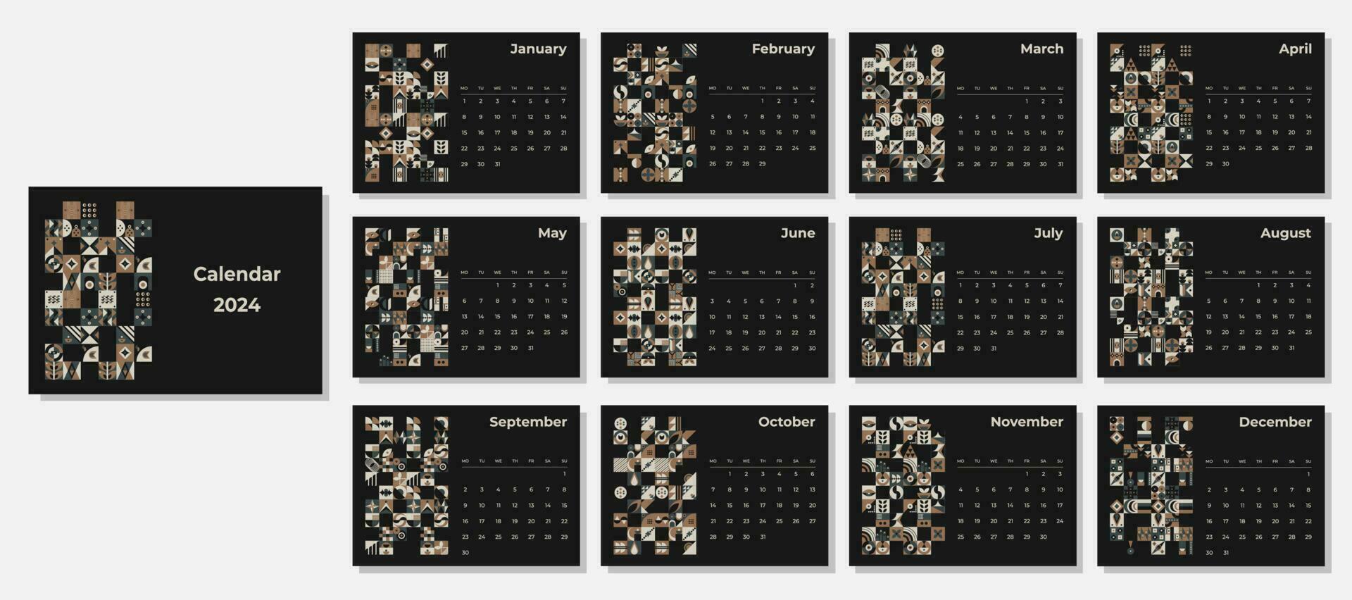 Calendar 2024 geometric patterns. Monthly calendar template for 2024 year with geometric shapes. vector