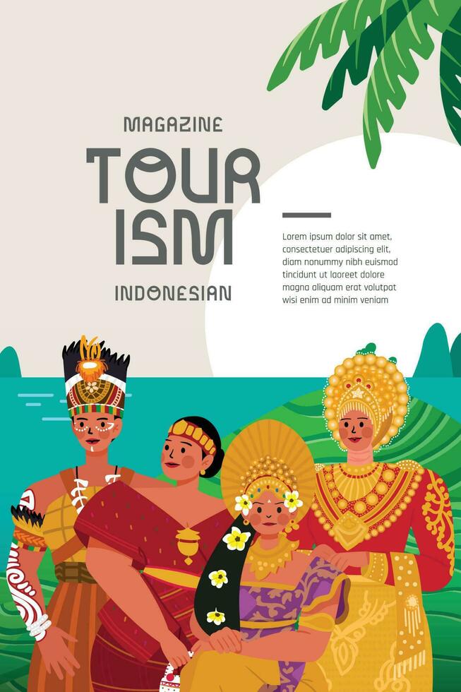 turismo libro cubrir ilustración con indonesio tradicional Boda vestir plano estilo vector