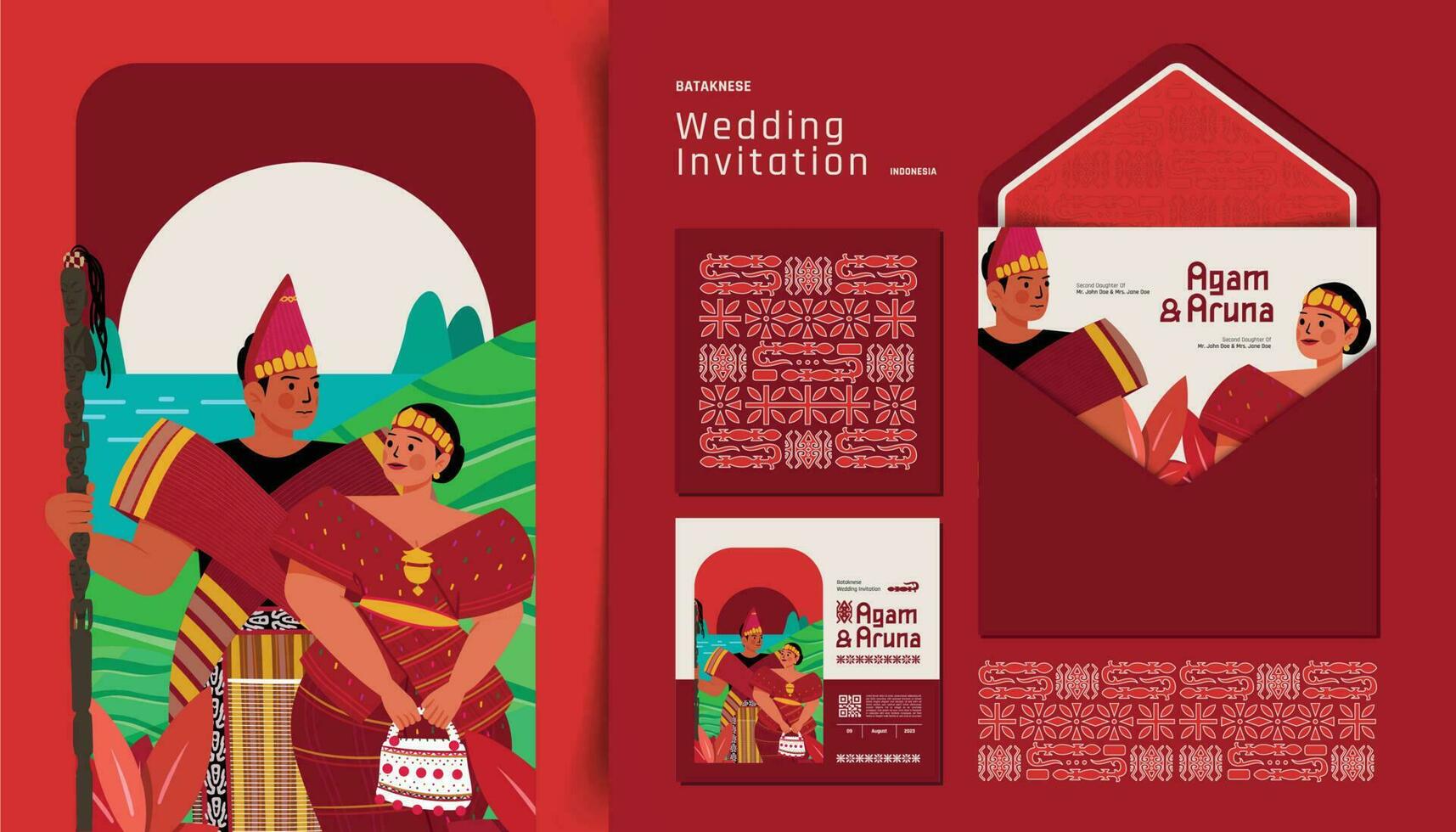 bataknese indonesio tradicional Boda paquete invitación con plano estilo vistoso diseño ilustración vector