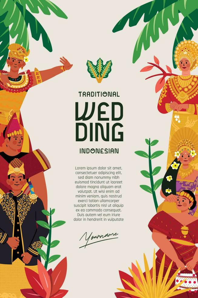 Template layout with Indonesian traditional wedding dress illustration vector
