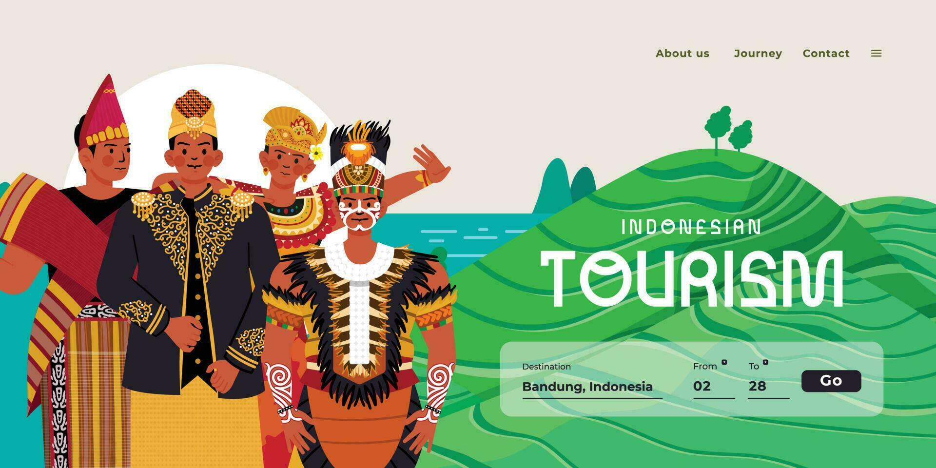 Landing page design idea illustration for travel tourism company with indonesian culture wedding dress vector