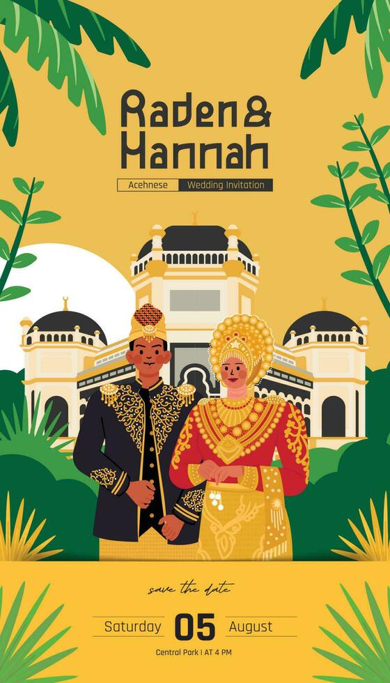 Wedding invitation envelope design with colorful flat style indonesian traditional dress illustration vector