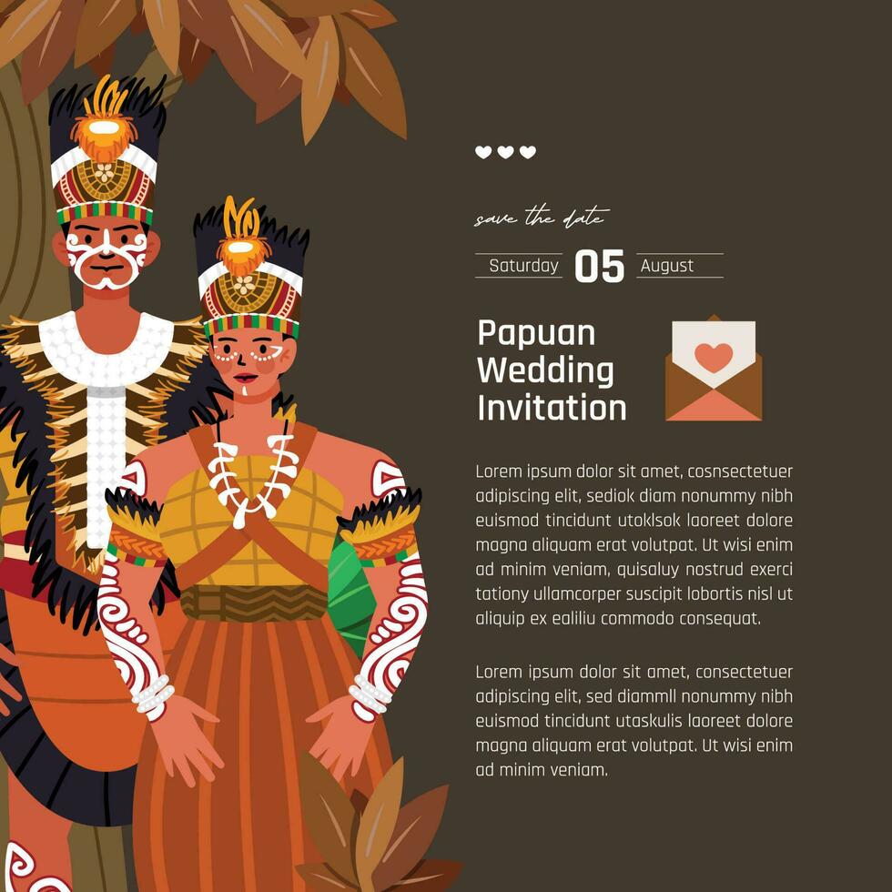 Traditional Wedding dress Papuan illustration layout design for invitation flat style vector