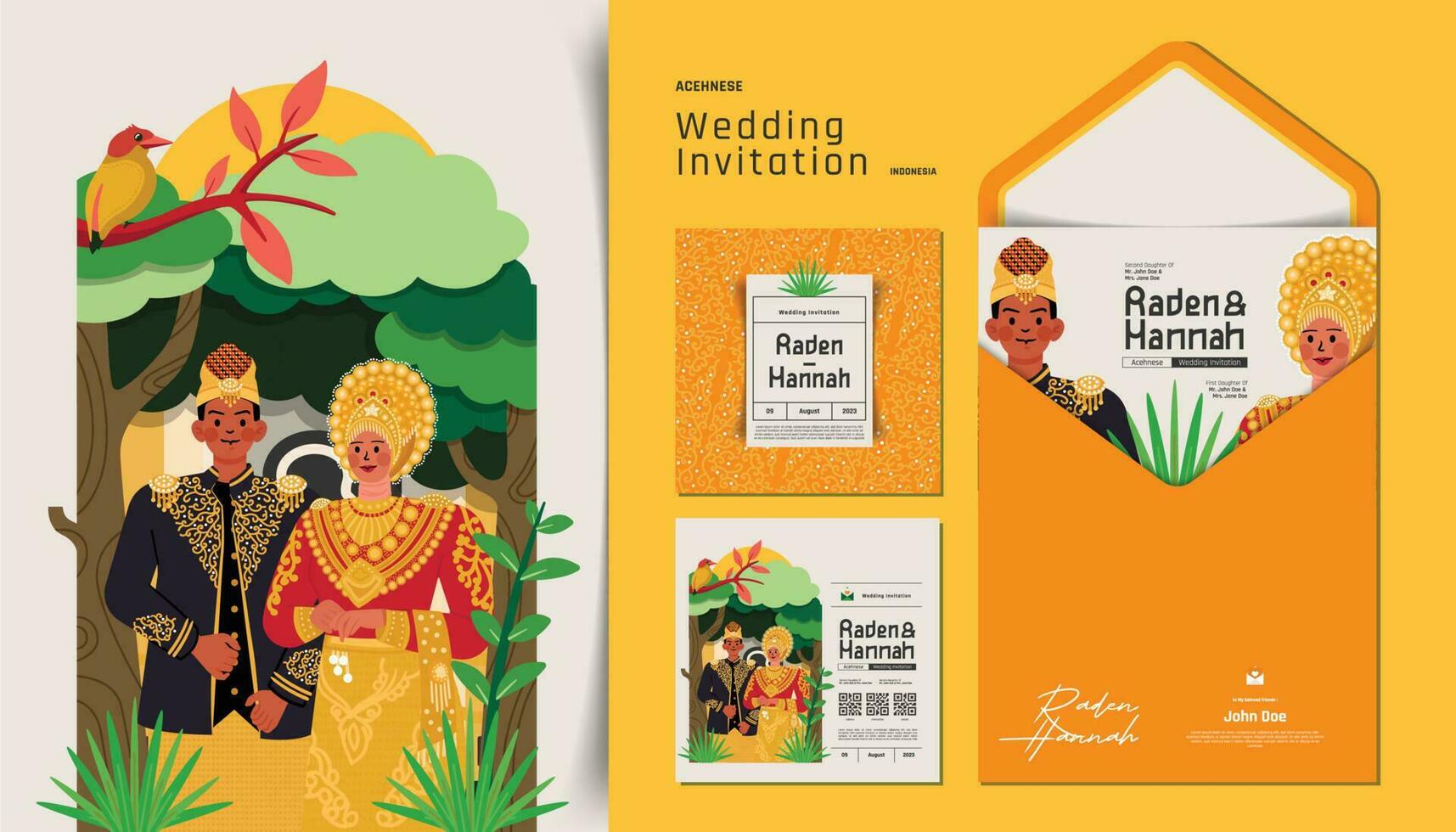 acehnese indonesio tradicional Boda paquete invitación con plano estilo vistoso diseño ilustración vector