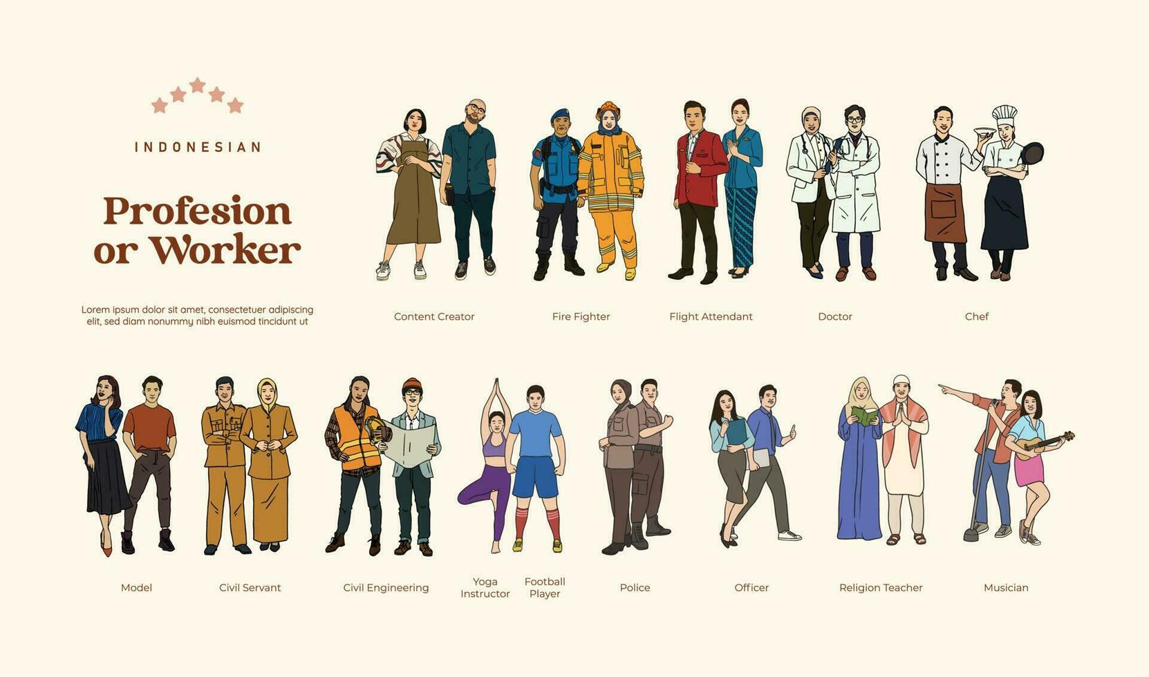 Isolated various Profession or worker hand drawn illustration vector