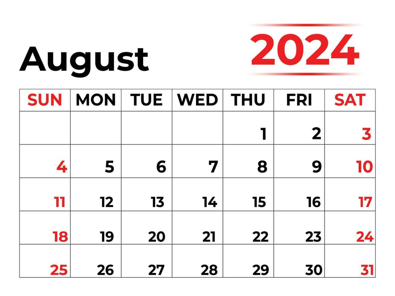 August 2024 monthly calendar with very clean look, week starts from