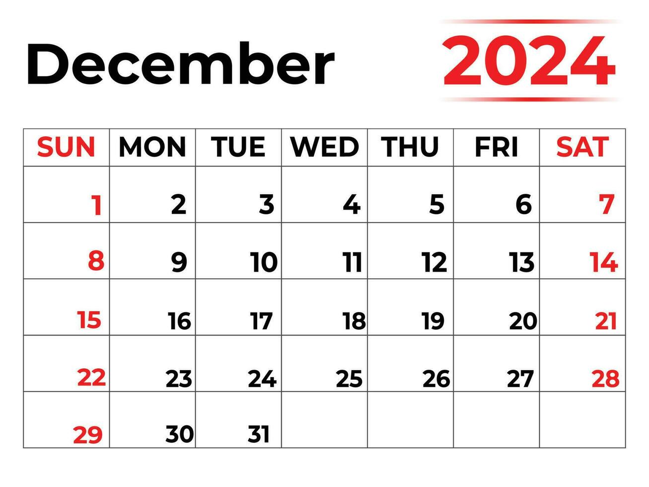 December 2024 monthly calendar design in clean look week starts from Sunday vector