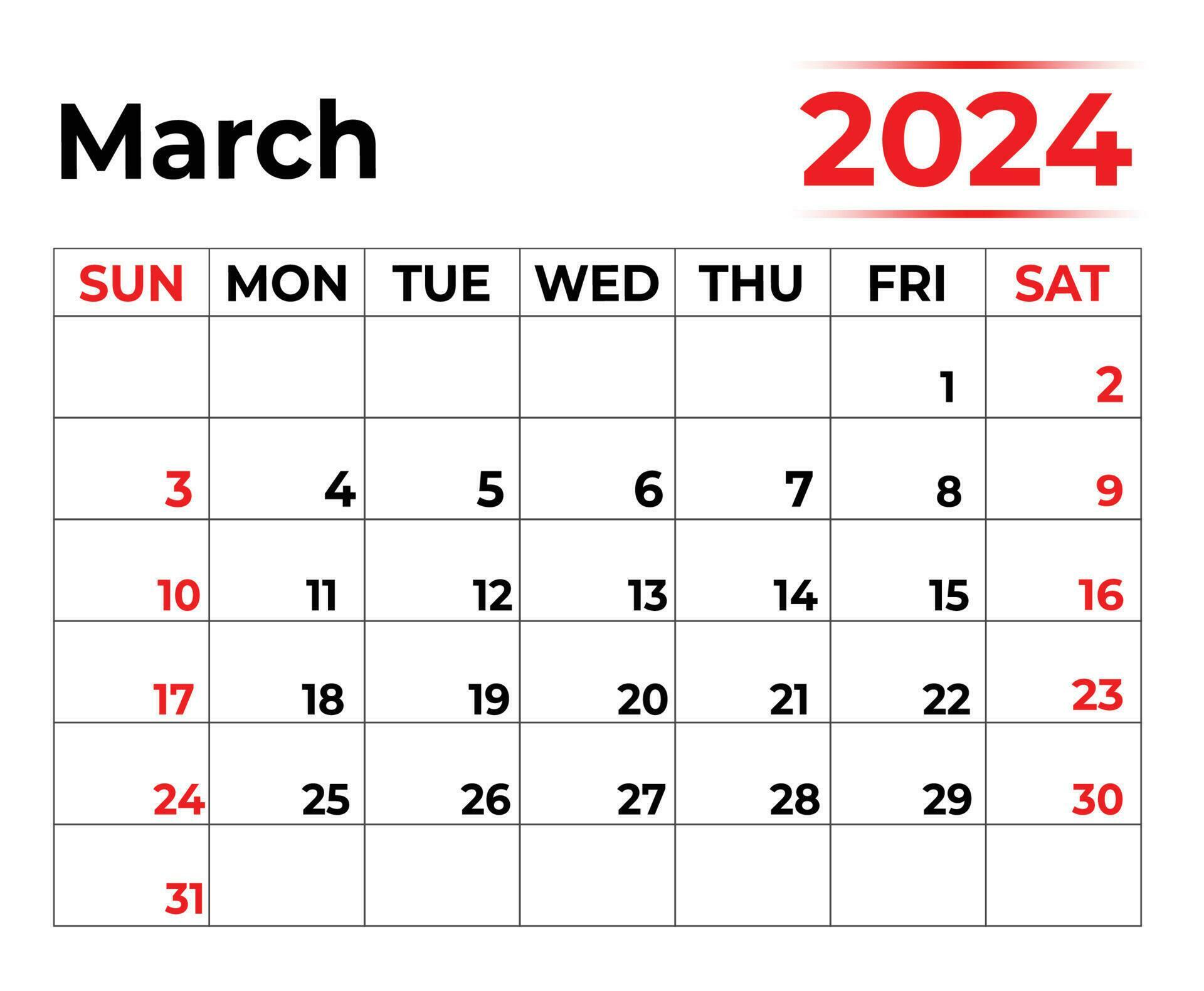 March 2024 monthly calendar with very clean look, week starts from ...