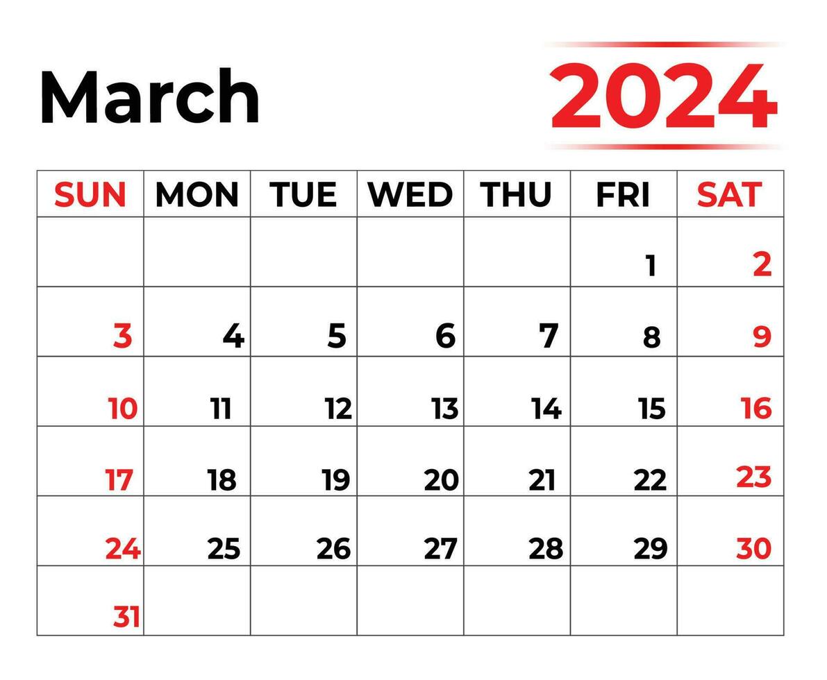 March 2024 monthly calendar with very clean look, week starts from Sunday vector