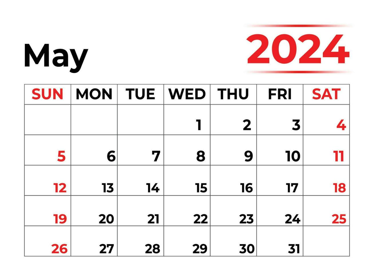 May 2024 monthly calendar with very clean look, week starts from Sunday vector