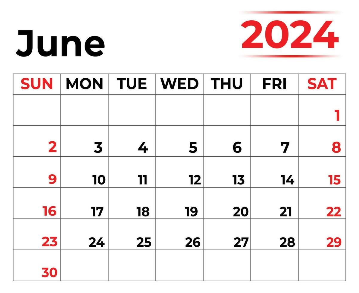 June 2024 monthly calendar with very clean look, week starts from