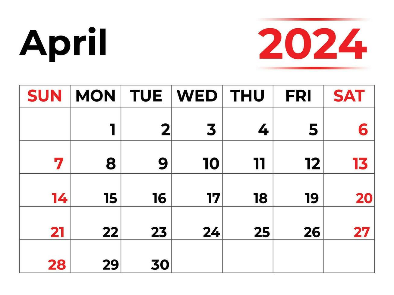 April 2024 monthly calendar with very clean look, week starts from Sunday vector