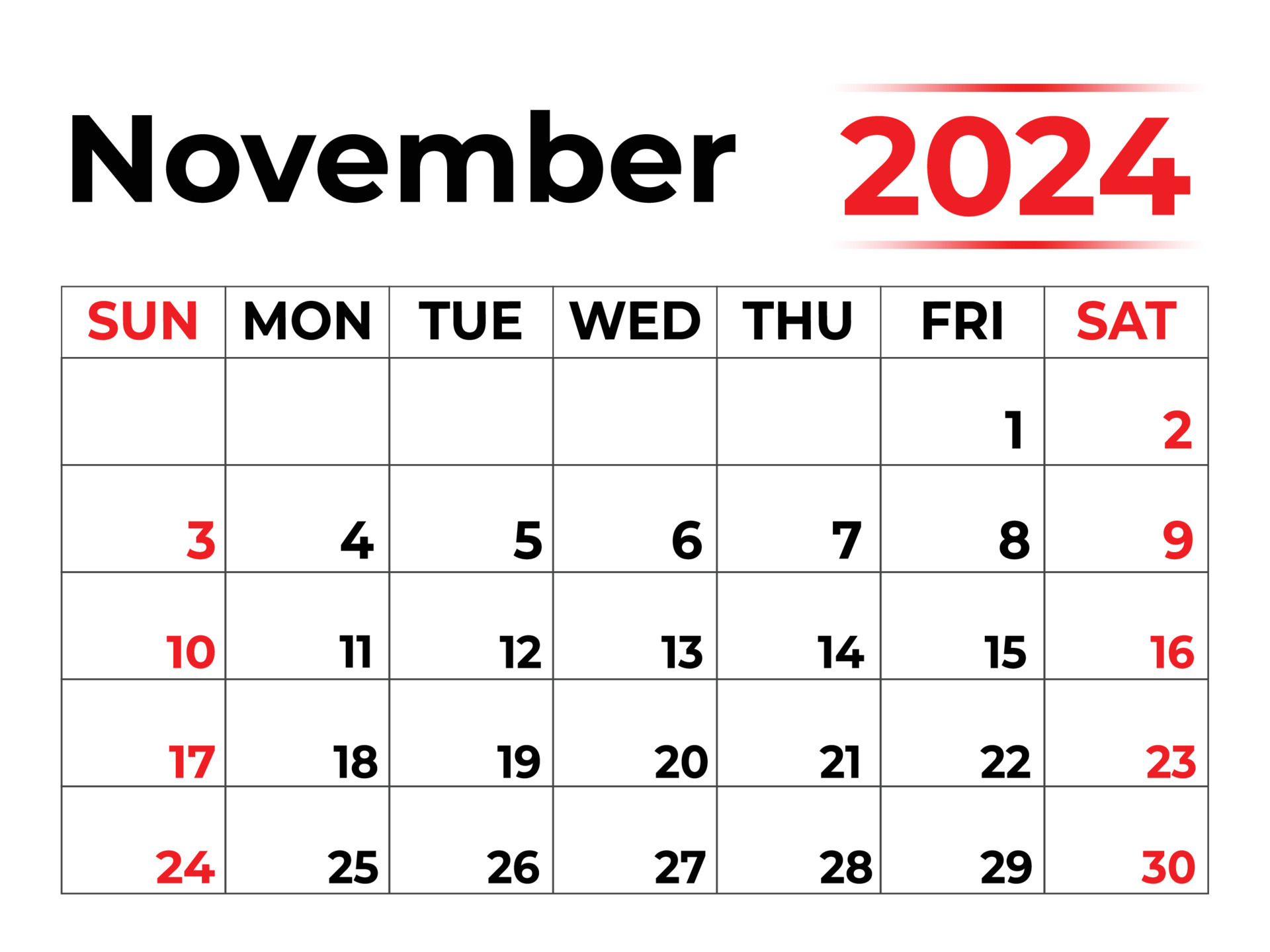 November 2024 calendar with very clean look, week starts from monday