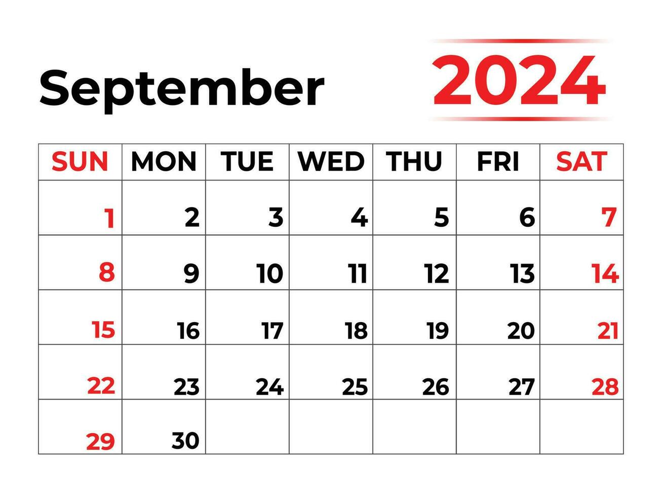 September 2024 monthly calendar with very clean look week starts from